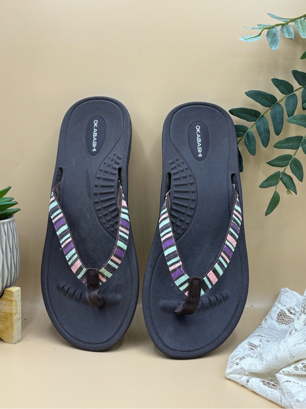 Okabashi Women's Black Flip Flop Sandals with Multicolor Straps